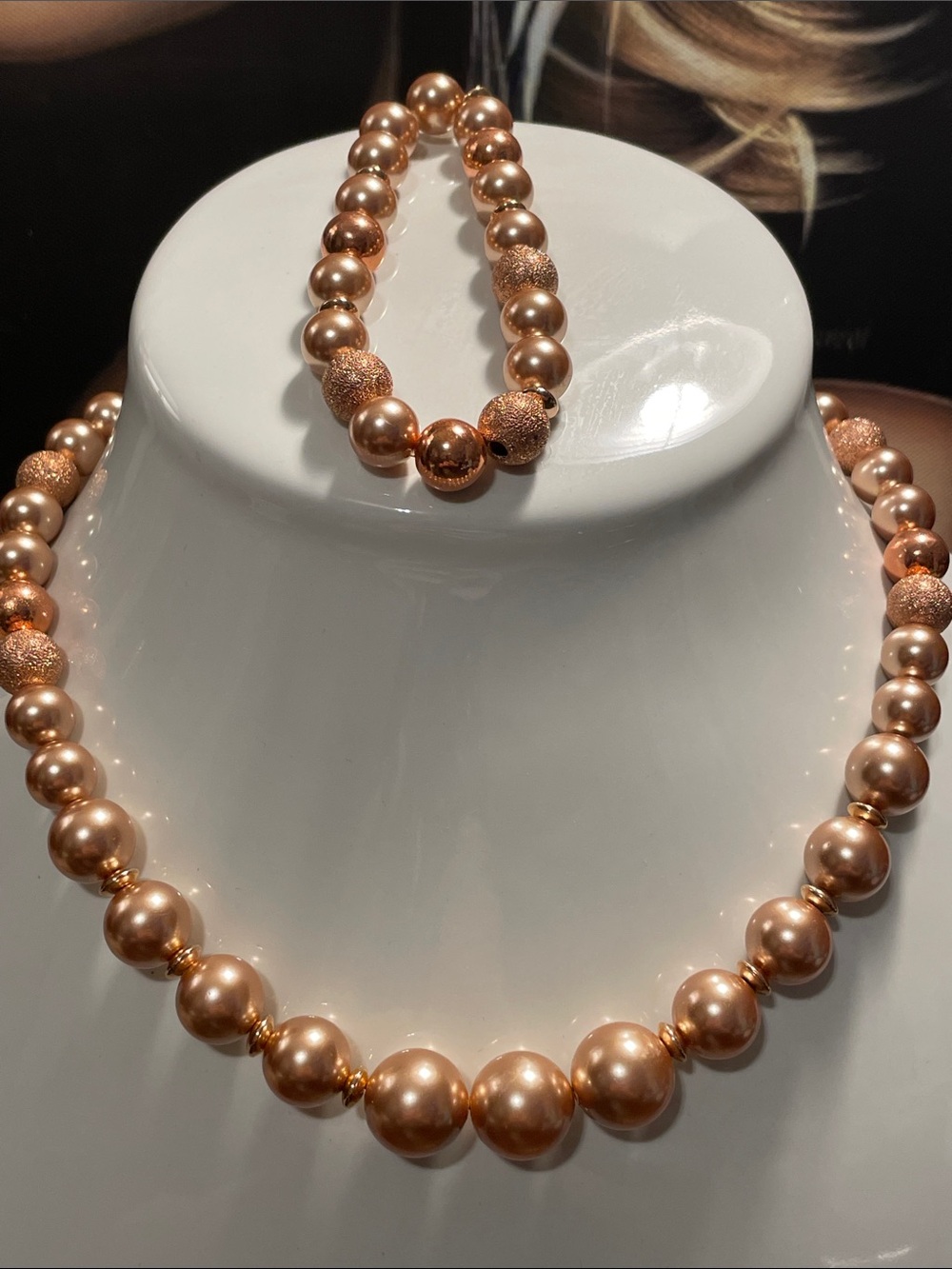 Elegant Rose Gold Glass Pearl Necklace and Bracelet Set Bracelet 7”  N 17”